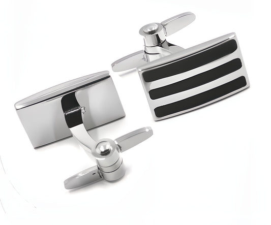 Torqtier Double Swivel Arms Cuff Links for Men Stainless Steel with Black Stripe and Silver Finish