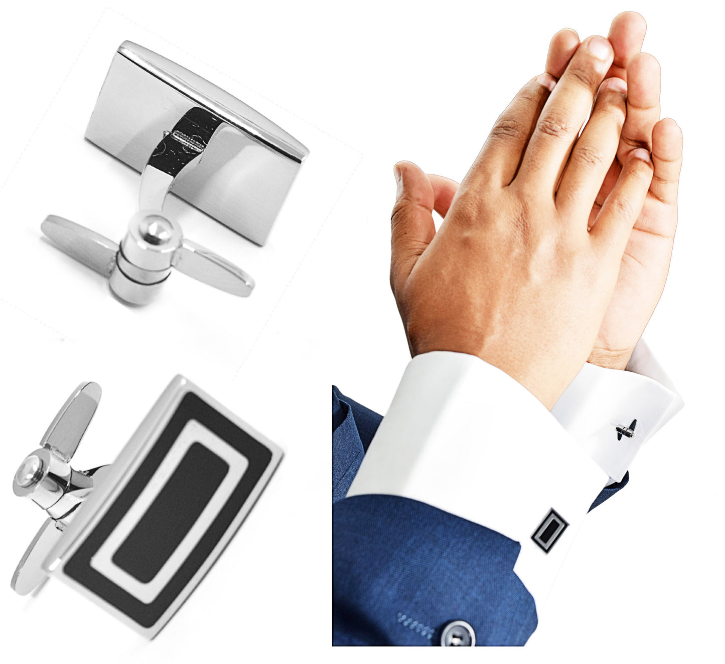 Torqtier Double Swivel Arms Cuff Links for Men Stainless Steel Silver Finish Black Wear