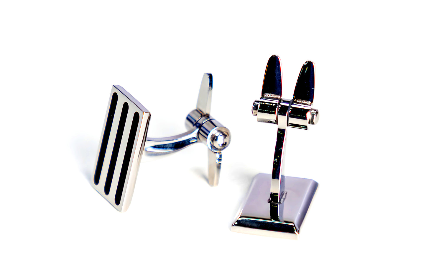 Torqtier Double Swivel Arms Cuff Links for Men Stainless Steel with Black Stripe and Silver Finish