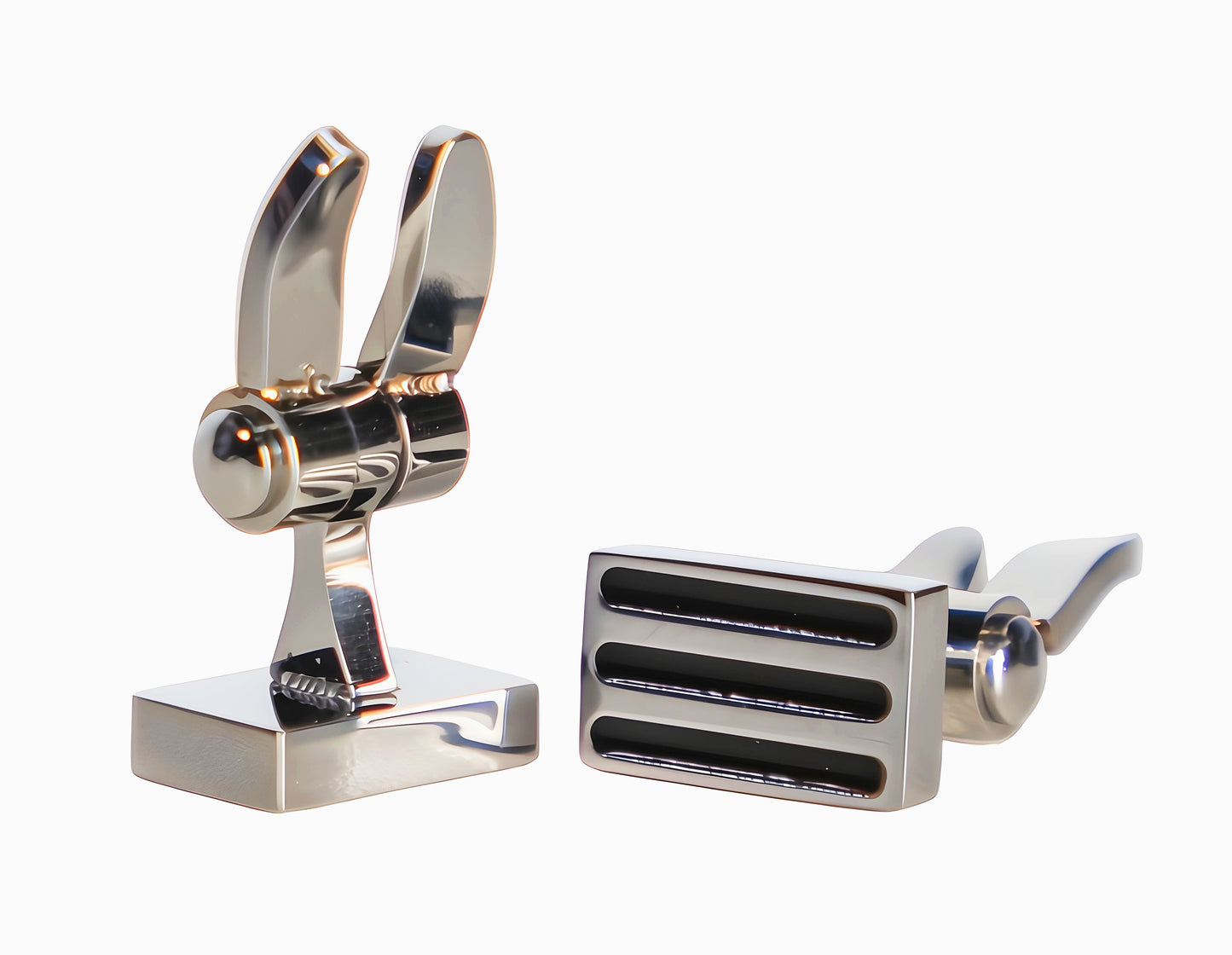 Double Swivel Arms Collar Stud Black Rectangular Stripe Stainless Steel with High polish Silver Finish