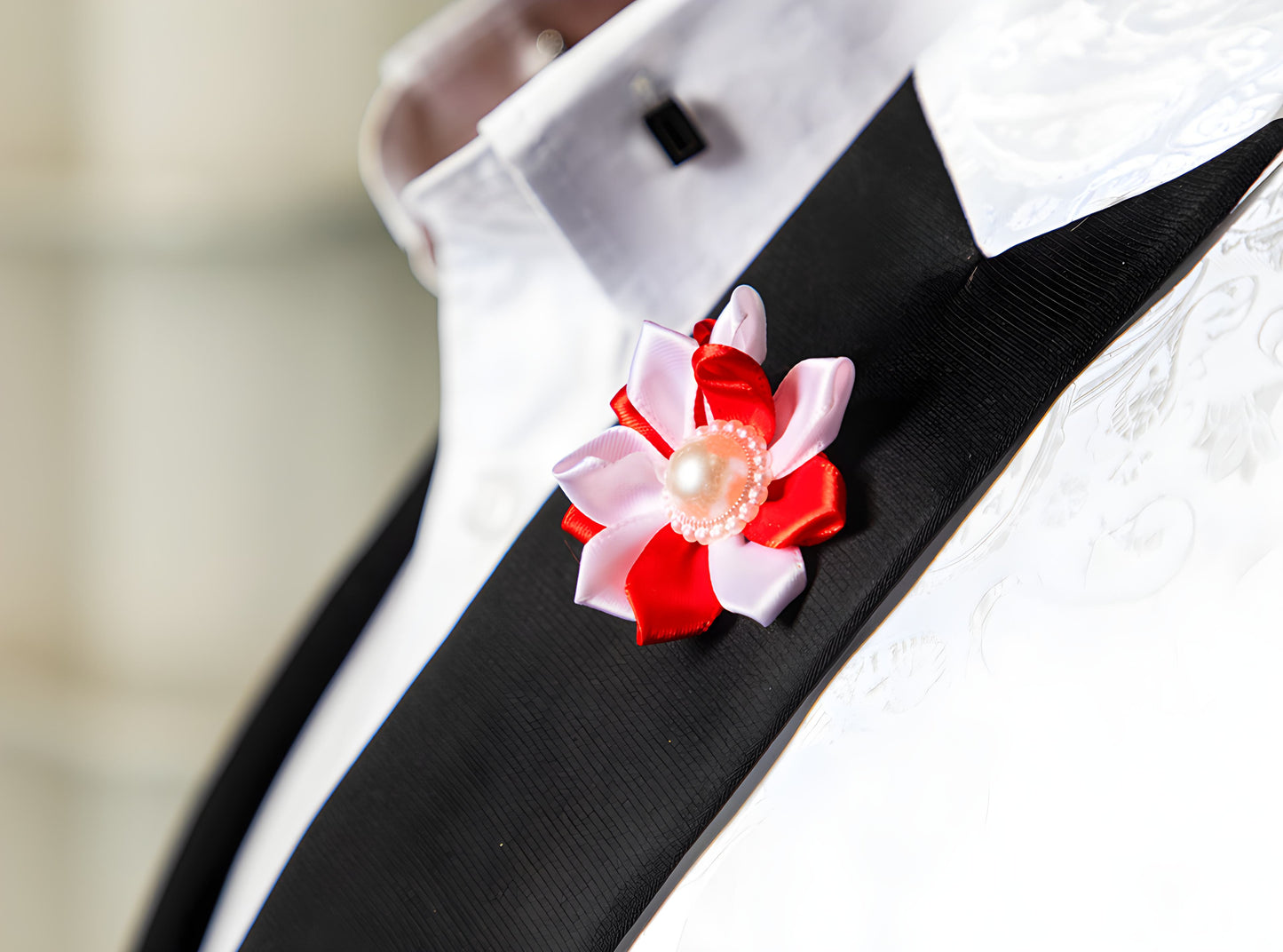 Red and White Fabric Flower Lapel Brooch.